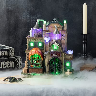 Glitzhome 11"H Lighted Resin Haunted House Table Village Halloween Decorations Gift
