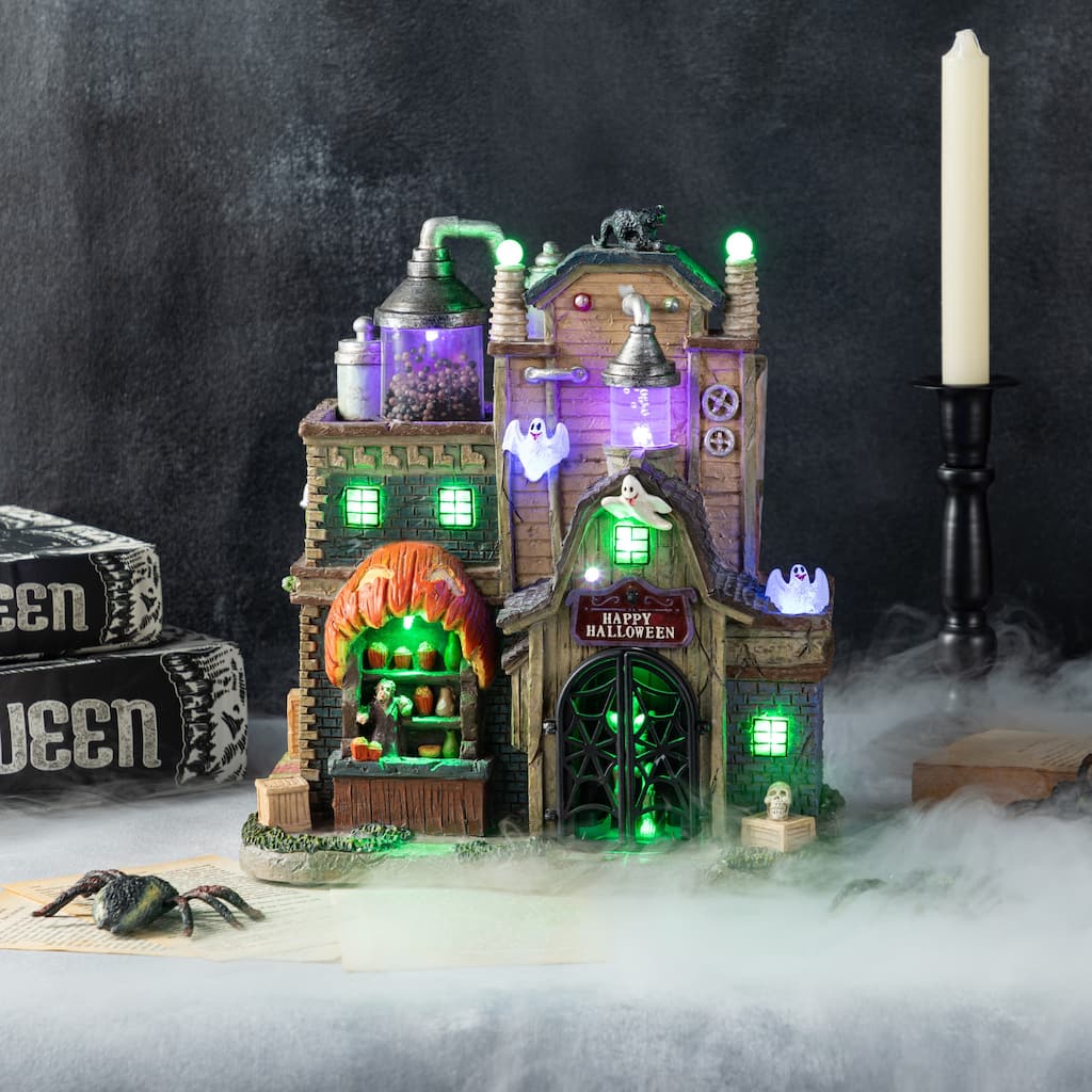 Glitzhome 11"H Lighted Resin Haunted House Table Village Halloween Decorations Gift