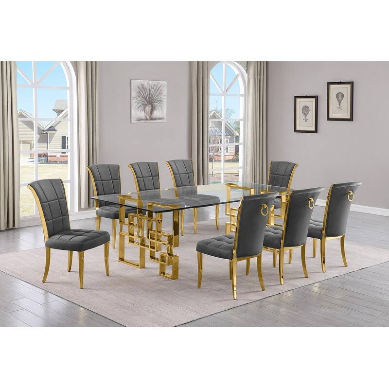 Best Quality Furniture D223/4-SC320-7 Dining Set with 95" 15mm Glass - 9-Piece - Dark Grey / Gold
