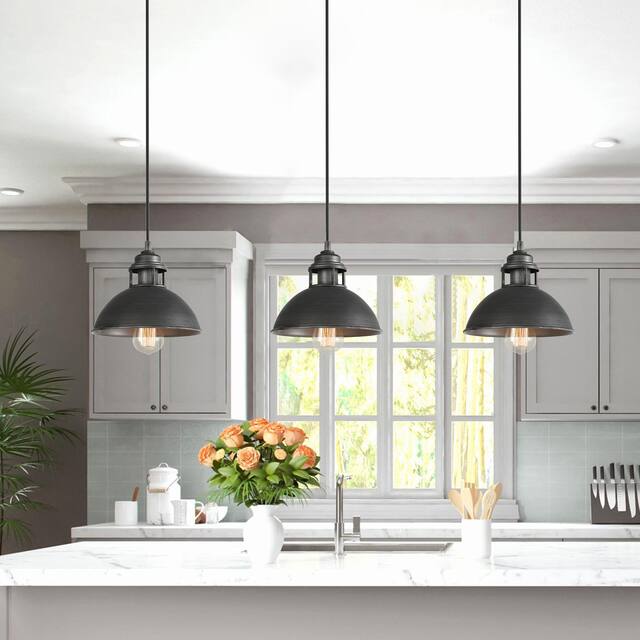 Farmhouse 1-Light Brushed Silver Metal Industrial Dome Bowl Kitchen Island Pendant Lighting - 9.1'' L x 9.1'' W x 8'' H