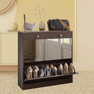 Sleek Mirror Shoe Organizer Cabinet with 2-Tier Drawers and Extra Storage for Bedroom, Entrance, Entryway Storage