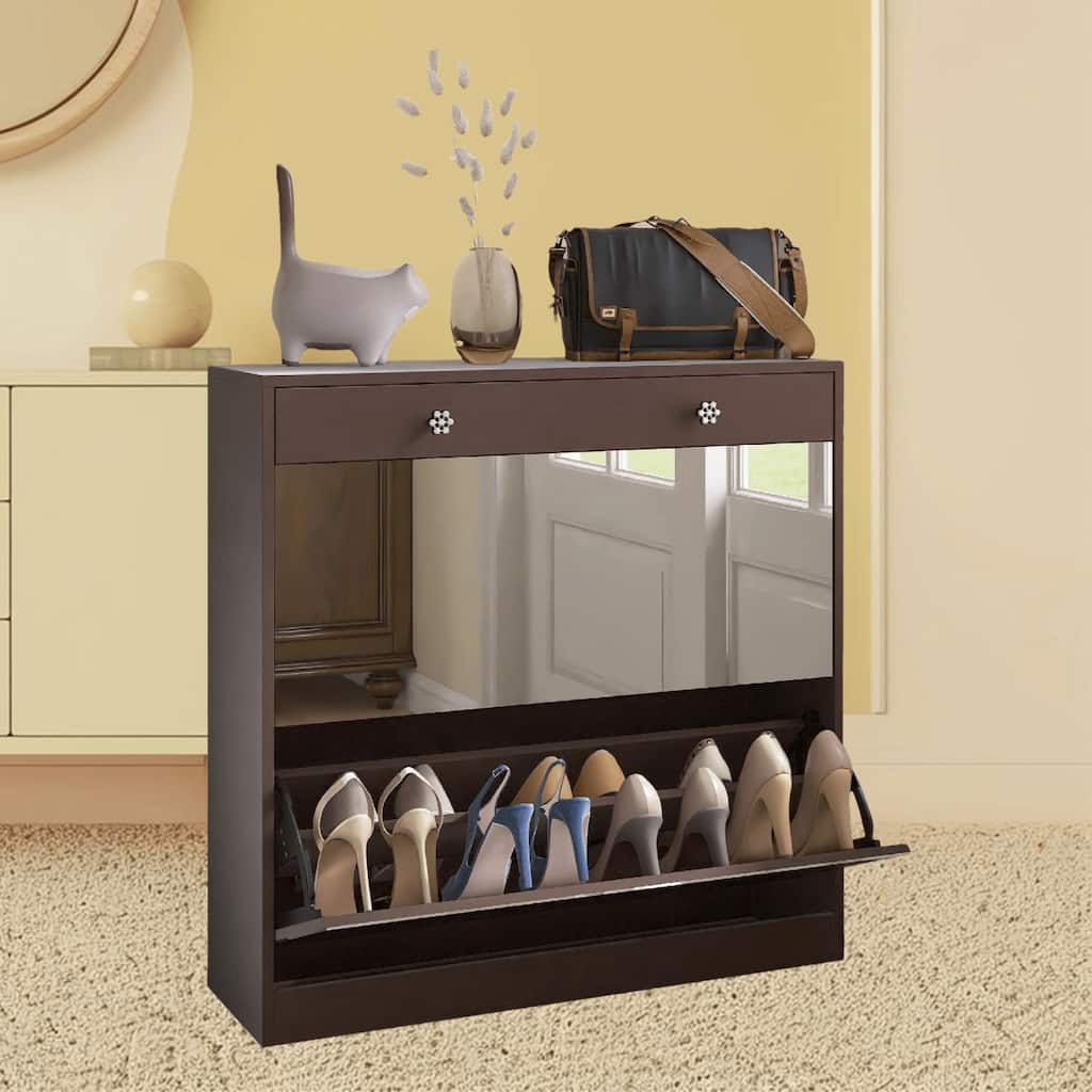 Sleek Mirror Shoe Organizer Cabinet with 2-Tier Drawers and Extra Storage for Bedroom, Entrance, Entryway Storage