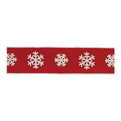 4” x 180” Snowflake Wired Ribbon in Red Cotton for Christmas Garland Crafts and Decorations - 180”L x 4”W x 0.25”H