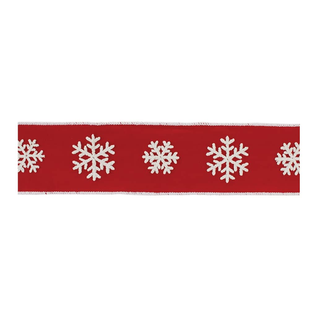4” x 180” Snowflake Wired Ribbon in Red Cotton for Christmas Garland Crafts and Decorations - 180”L x 4”W x 0.25”H