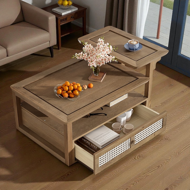 31.5'' Modern Coffee Table with Rattan Drawer, Dual Tabletops & Storage Shelf, Wooden Accent Table for Living Room