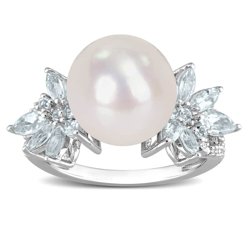 Miadora 11-12mm Cultured Freshwater Pearl and 1 1/5ct TGW Aquamarine and 1/10ct TDW Diamond Flower Ring in Sterling Silver
