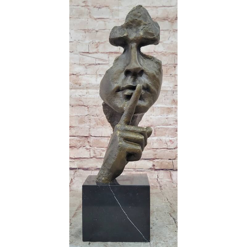 Abstract Dali Bronze Face Sculpture – Silence Shushing Statue On Marble Base