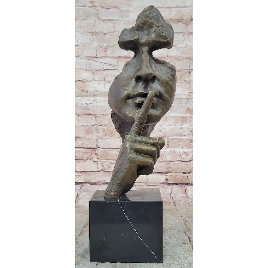 Abstract Dali Bronze Face Sculpture – Silence Shushing Statue On Marble Base