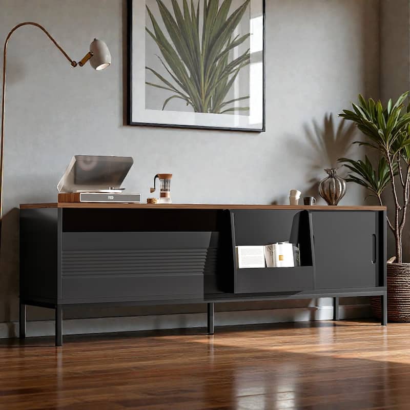 70.8'' Mid Century Modern TV Stand for 75'' TVs, Walnut Media Console with Sliding Doors, Drawer, Adjustable Shelves