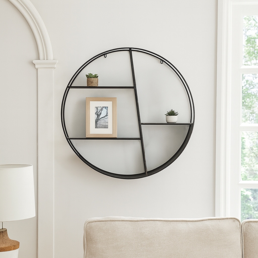 Metal Round Frame and Tiered Open Wall Shelf - Black, 32" - 32.0"