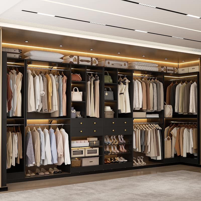 Set of 4 U-Shaped Closet Organizer System with Wood Drawers, Amoire Wardrobe with Shoe Racks - Black