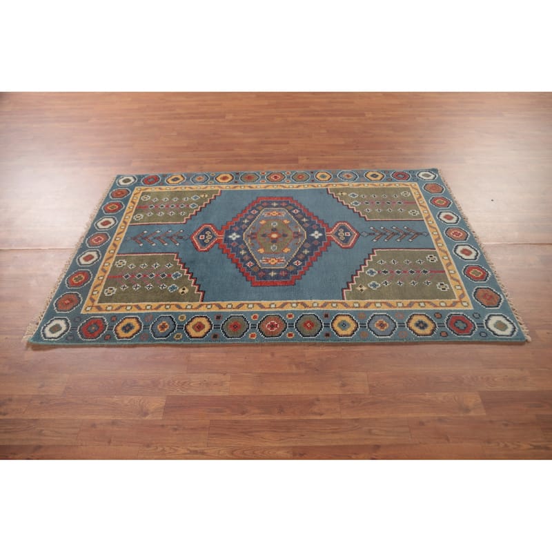 Blue Geometric Kazak Accent Rug Handmade Oriental Wool Carpet - 3'11"x 6'0"