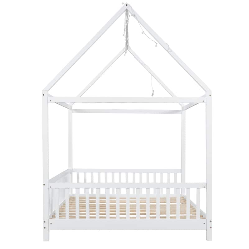 Solid Wood House Bed with Guardrail, LED, and Roof