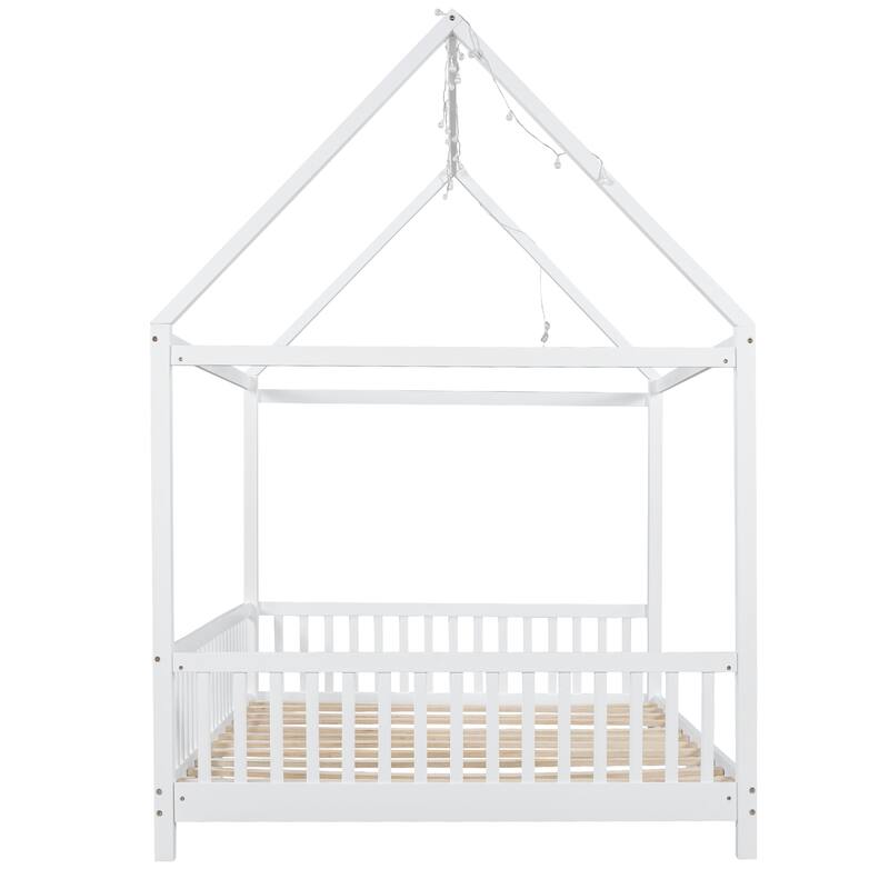 White Full Size Solid Wood House Bed with Guardrail, LED and Roof for Kids, Boys and Girls
