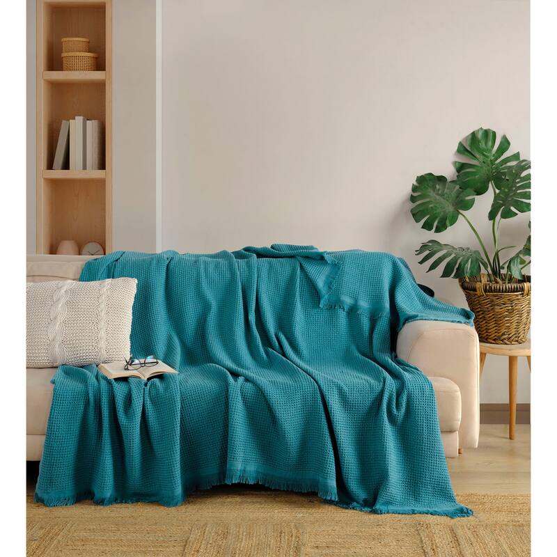 KAFTHAN Textile Waffle Plain Cotton Queen Coverlet - Teal