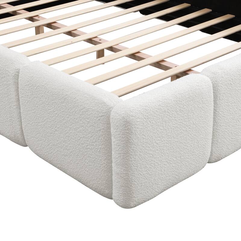 Block Style Boucle Platform Bed Upholstery Grounded Bed Frame w/Thick Headboard & Footboard, Wooden Slat Support, Easy Assembly