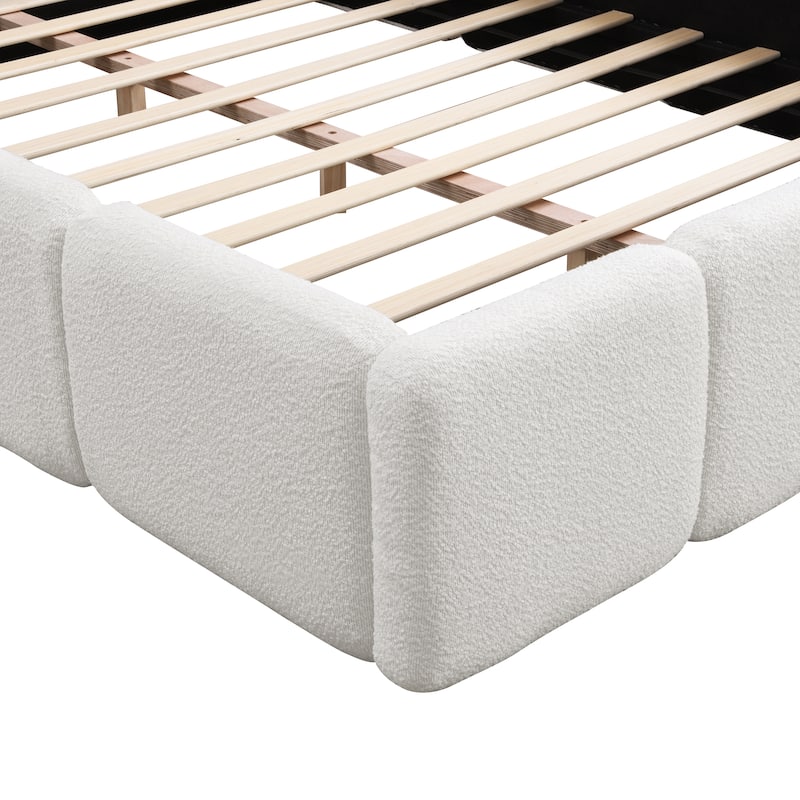 White Block Upholstered Frame Grounded Bed with Boucle Thick Headboard Footboard Platform Bed, Lowprofile Wingback Bed Floor Bed