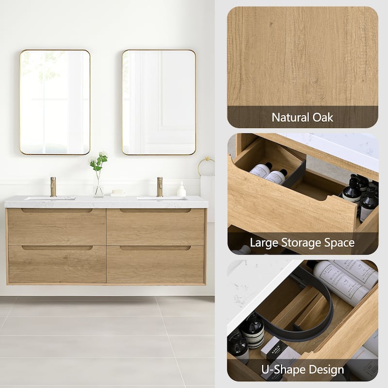 24"36"48"60"72"84" Floating Bathroom Vanity with Engineered Top Rectangulare Sink Solid Wood