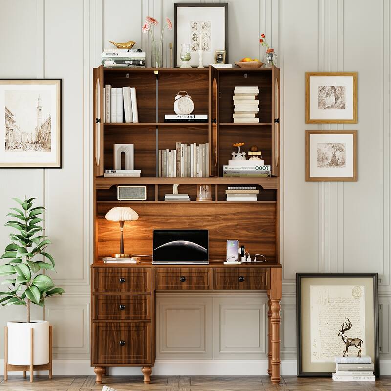 47'' Retro Desk with Charging Ports and Hutch Cabinet