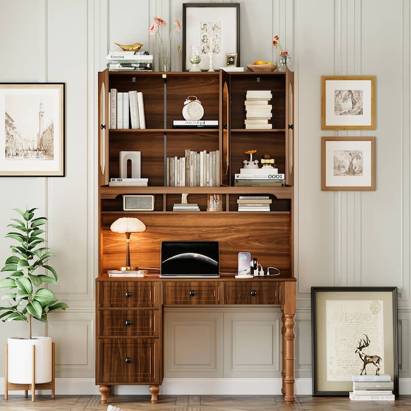 Retro Office Desk Executive Computer Desk with Charging Ports & Hutch, 5 Storage Drawers, Glass-Door Bookshelf