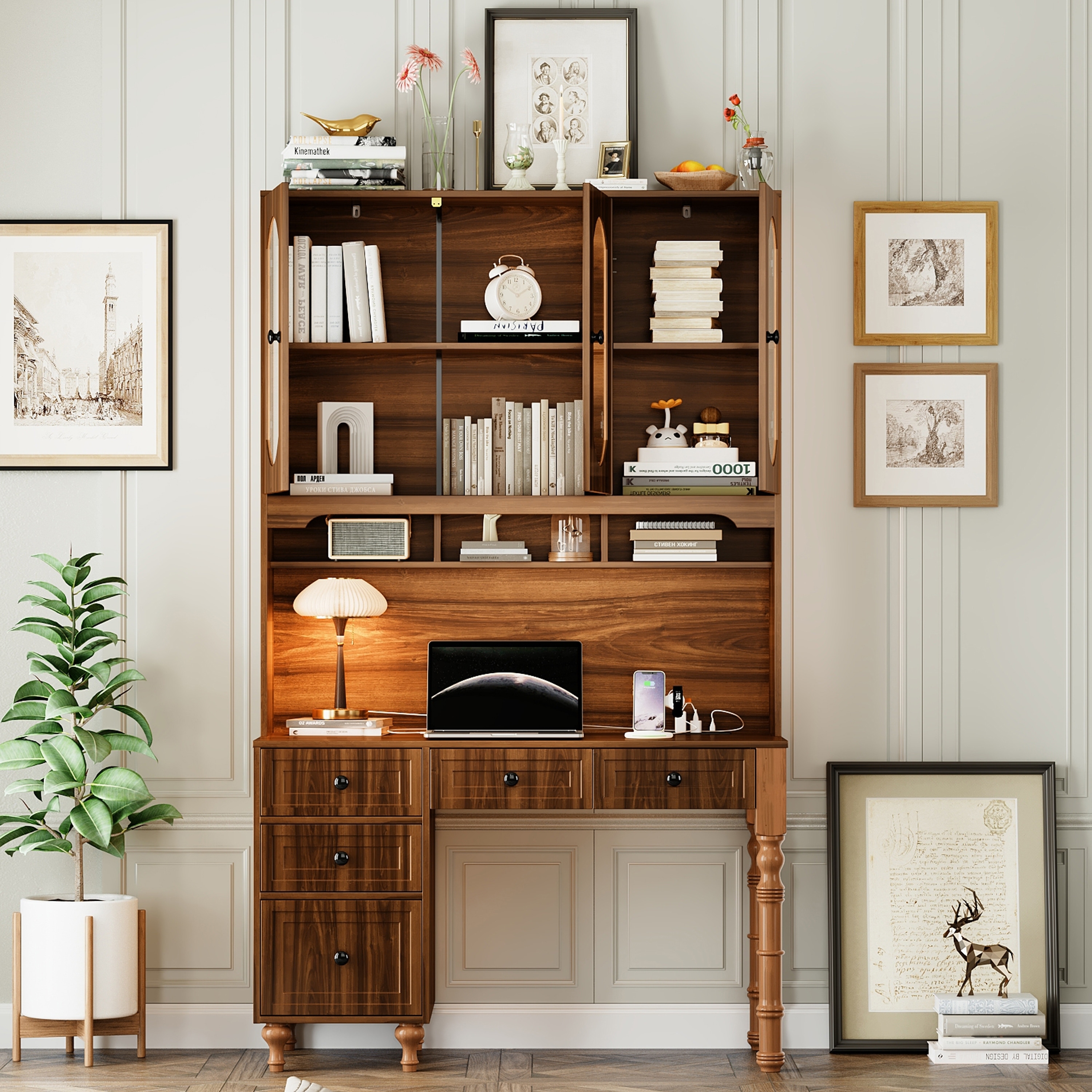 Roomfitters 47'' Retro Desk with Charging Ports and Hutch, Office Desk with 5 Storage Drawers and Glass Bookshelf, Walnut