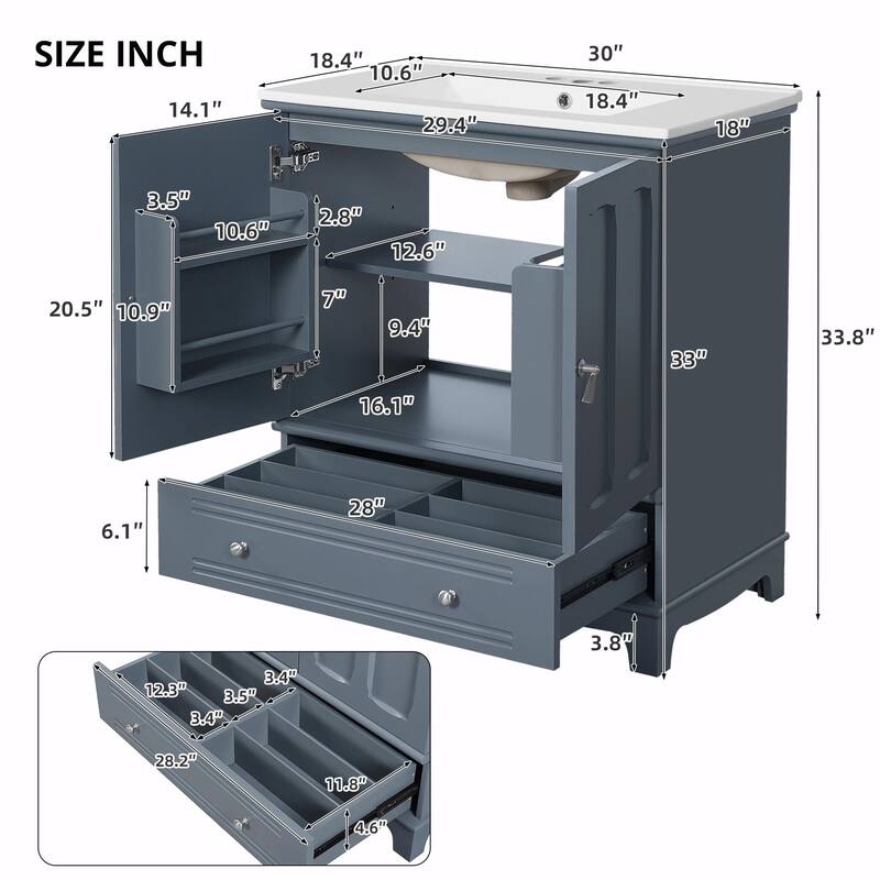 30" Bathroom Vanity with Ceramic Sink - Solid Wood Frame Bathroom Sink Cabinet with Adjustable Shelf