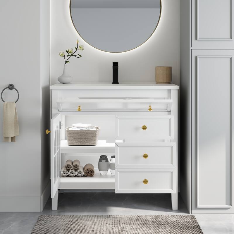 Freestanding 36" Bathroom Vanity Sink Cabinet with Motion-sensor Light Strip, Patterned Glass & Drawers