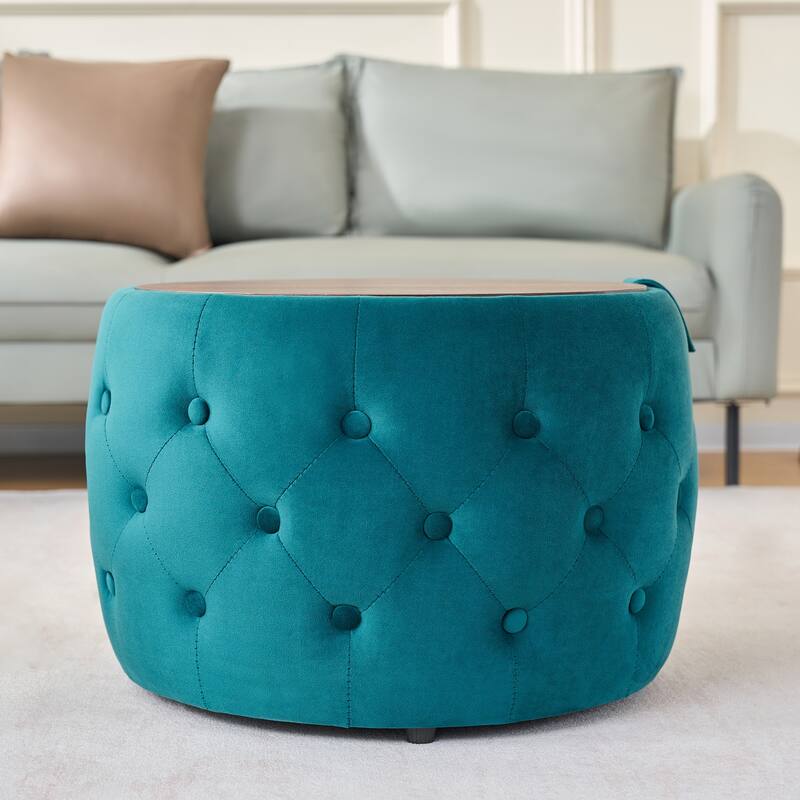 Luxurious Nesting Ottomans of 2, Round Storage Foot Stool with Wood Tray