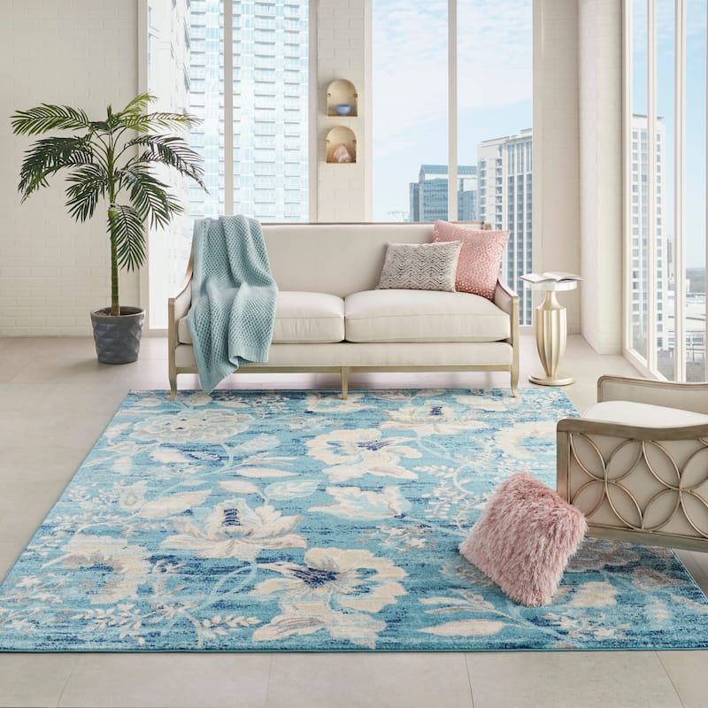 Nourison Tranquil French Country Floral Modern Area Rug - 8' x 10' - Turquoise - Rectangle