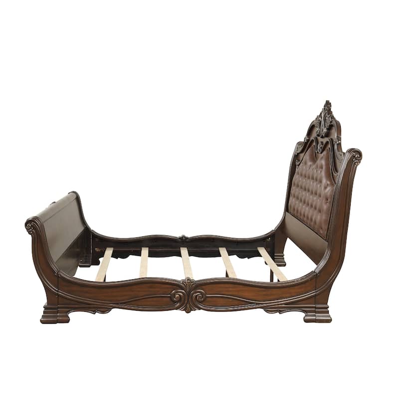 Ruth King Bed, Faux Leather Headboard with Burl Inlays, Mahogany Brown