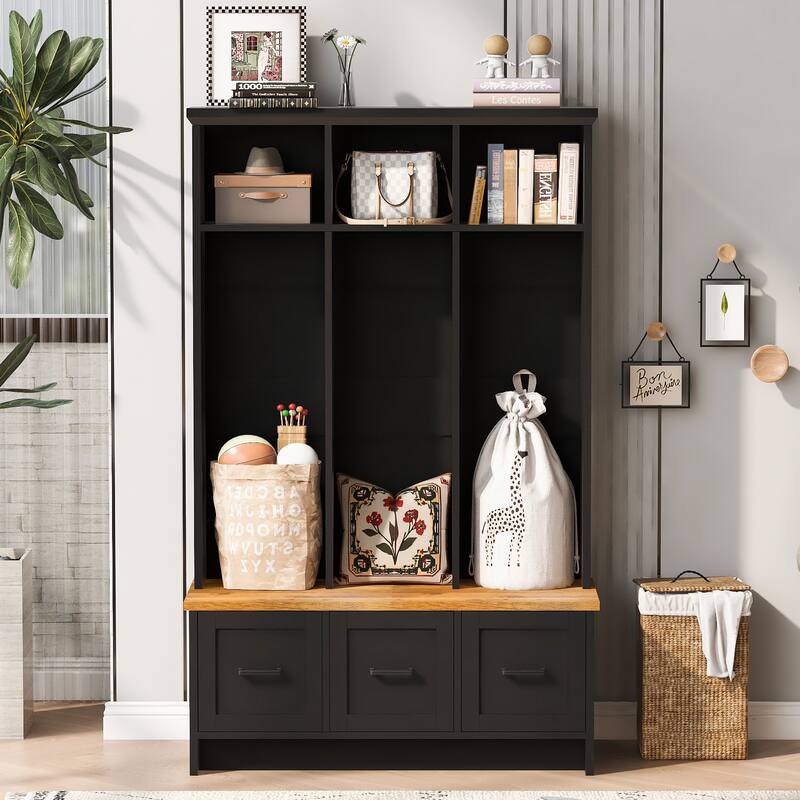 Modern Coat Rack with Storage Bench Entrance Bench with 3 Shelves and Drawers, for Hallway Entryway Living Room - Black