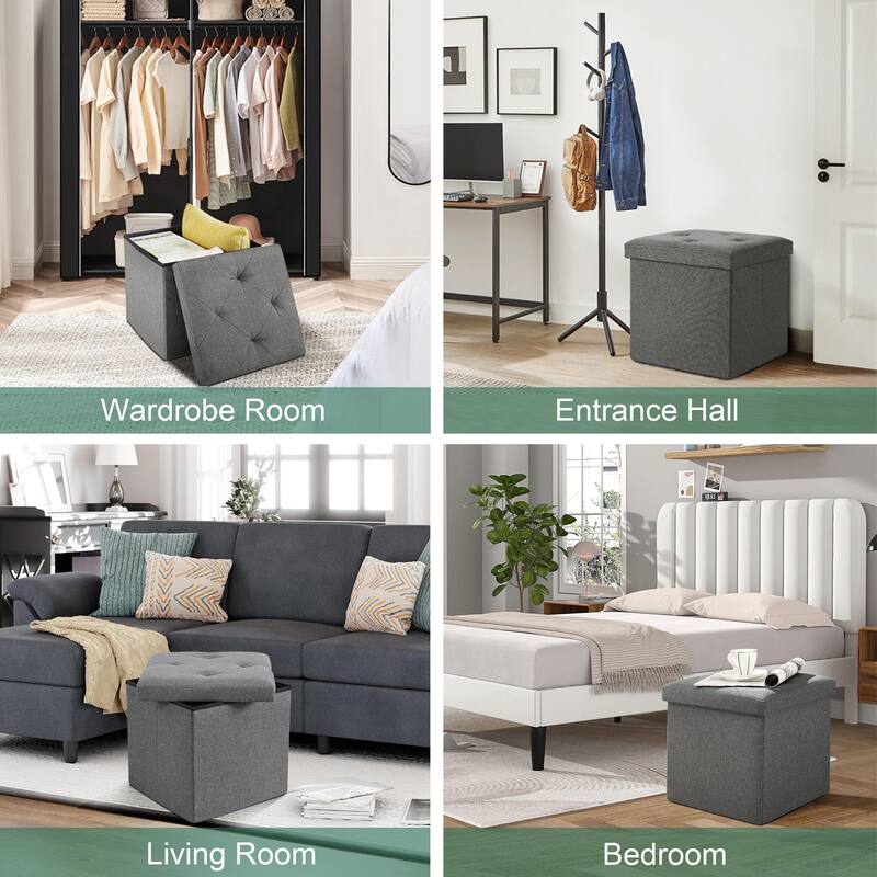 Javlergo 15" Foldable Storage Ottoman, Tufted Linen Foot Rest Stool/Seat Toy Chest