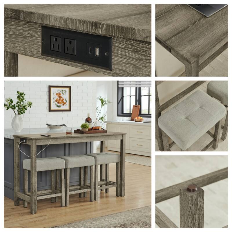 59 Inch 4 Piece Bar Table and Chair Set with Power Outlet and 3 Upholstered Stools