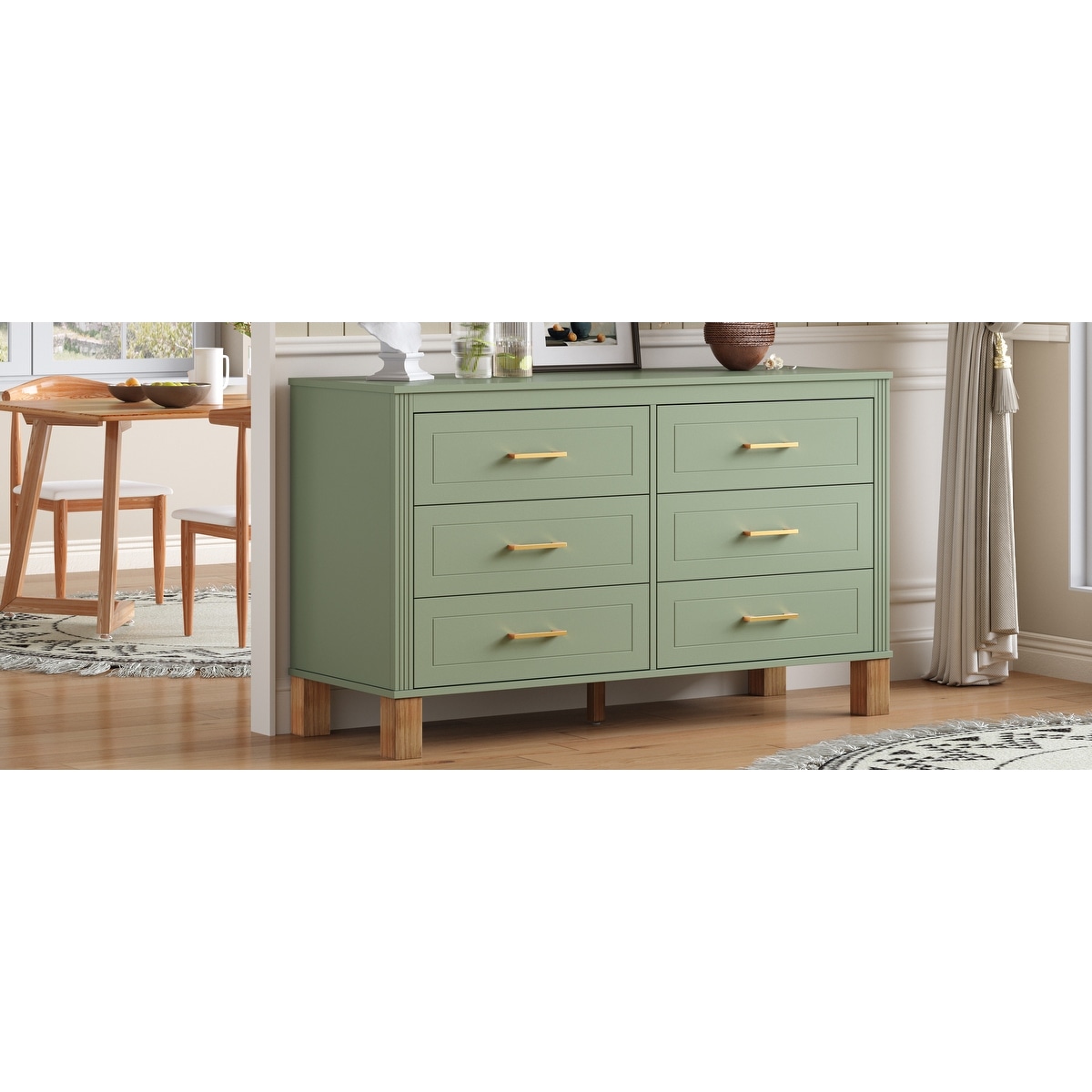 dark green dresser with gold handles 6-Drawer Double Dresser, Modern Storage Cabinet Metal & Solid Wood Legs, Heavy-Duty Wooden women