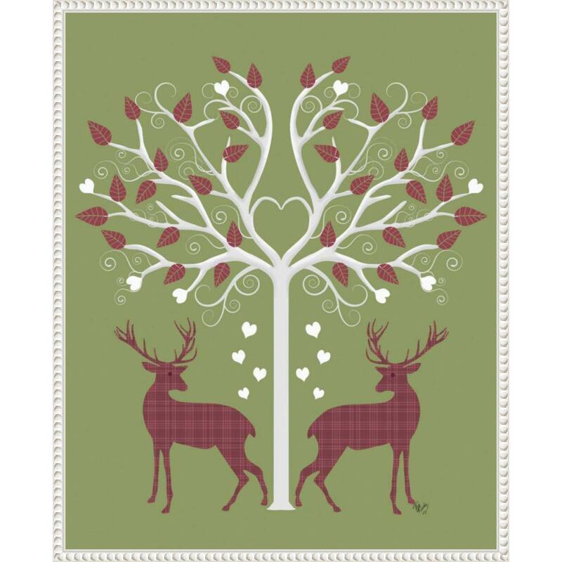 Christmas Des Deer and Heart Tree Pink On Green by Fab Funky (23 x 28 in.), Framed Canvas Wall Art Print - Sylvie Beaded White