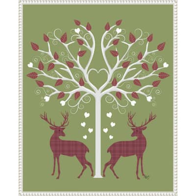 Christmas Des Deer and Heart Tree Pink On Green by Fab Funky (23 x 28 in.), Framed Canvas Wall Art Print - Sylvie Beaded White