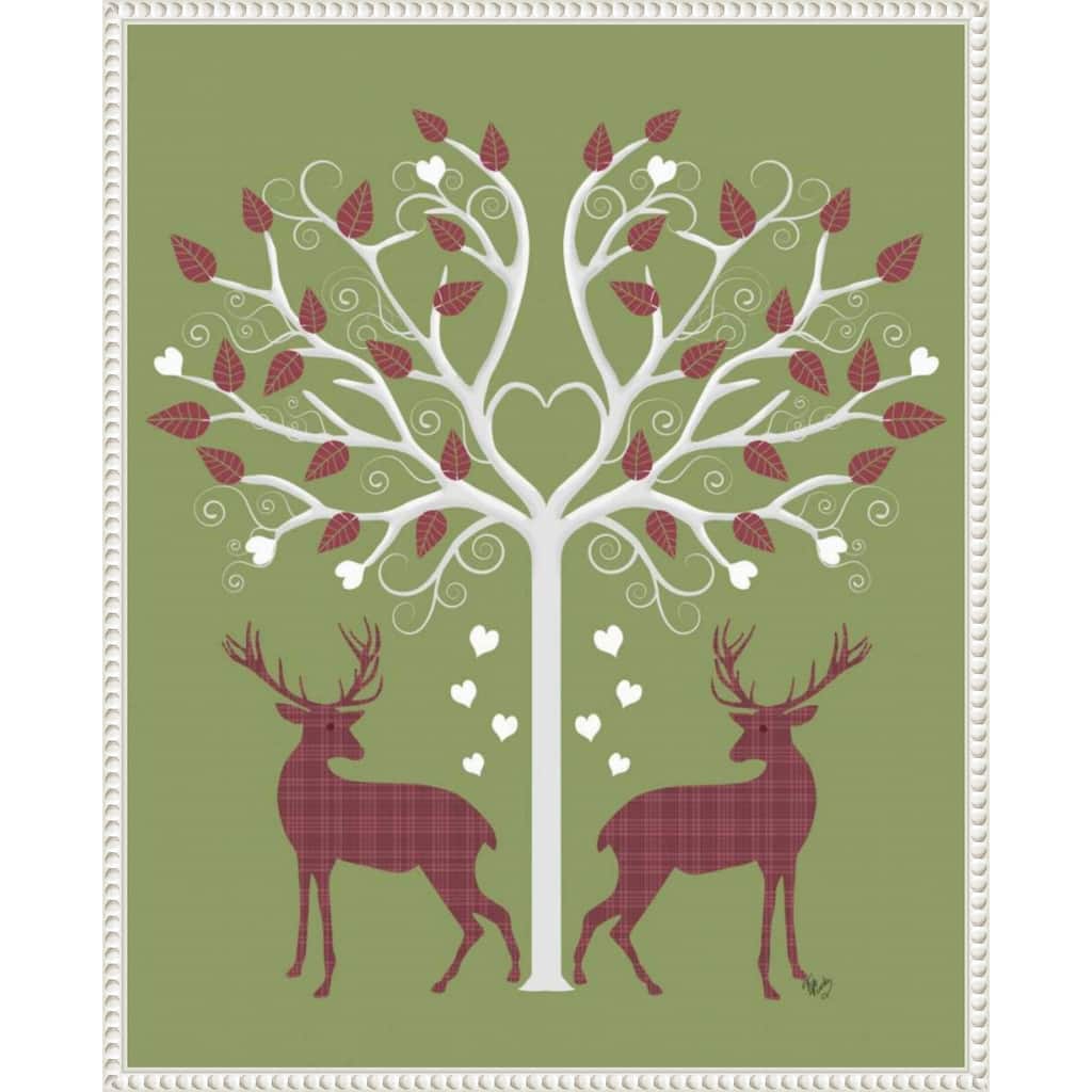 Christmas Des Deer and Heart Tree Pink On Green by Fab Funky (23 x 28 in.), Framed Canvas Wall Art Print - Sylvie Beaded White