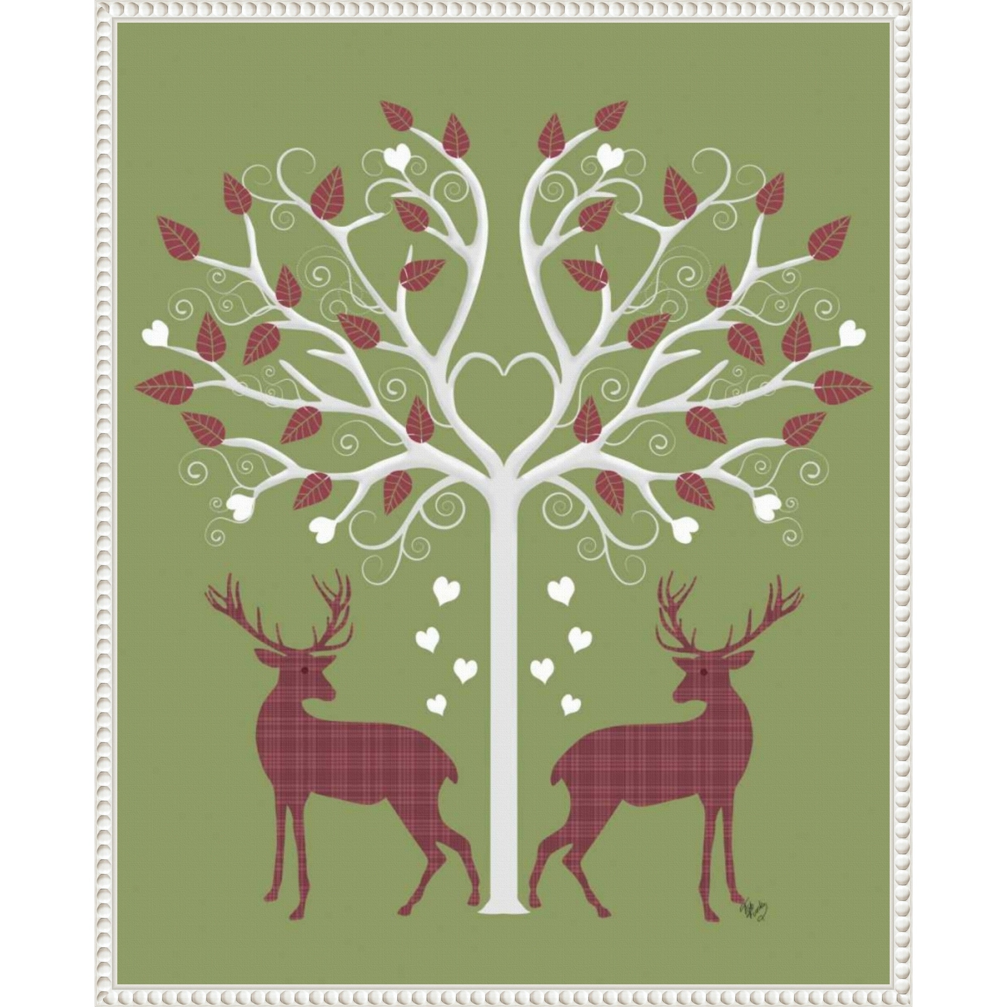 Christmas Des Deer and Heart Tree Pink On Green by Fab Funky (23 x 28 in.), Framed Canvas Wall Art Print - Sylvie Beaded White