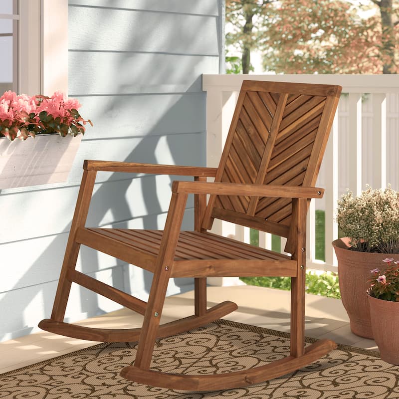 Carey Modern Chevron-Back 300-Lbs Support Acacia Wood Patio Outdoor Rocking Chair, by JONATHAN Y - 22.4"
