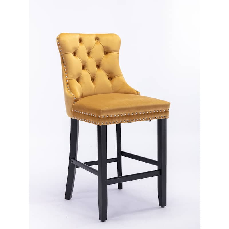 Roomfitters Velvet Bar Stools Set of 2, Tufted Upholstered Counter Chairs with Nailhead Trim and Wooden Legs
