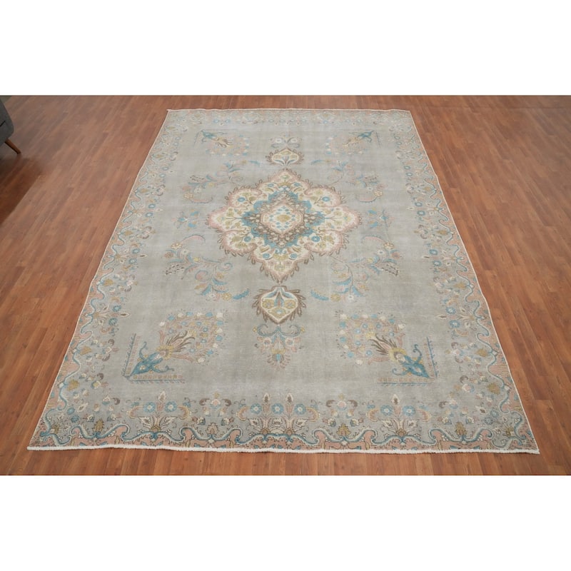 Hand Knotted Oriental 100% Wool Carpet Traditional Medallion Greys & Charcoal Tabriz Area Rug - 12' 3'' X 9' 1''