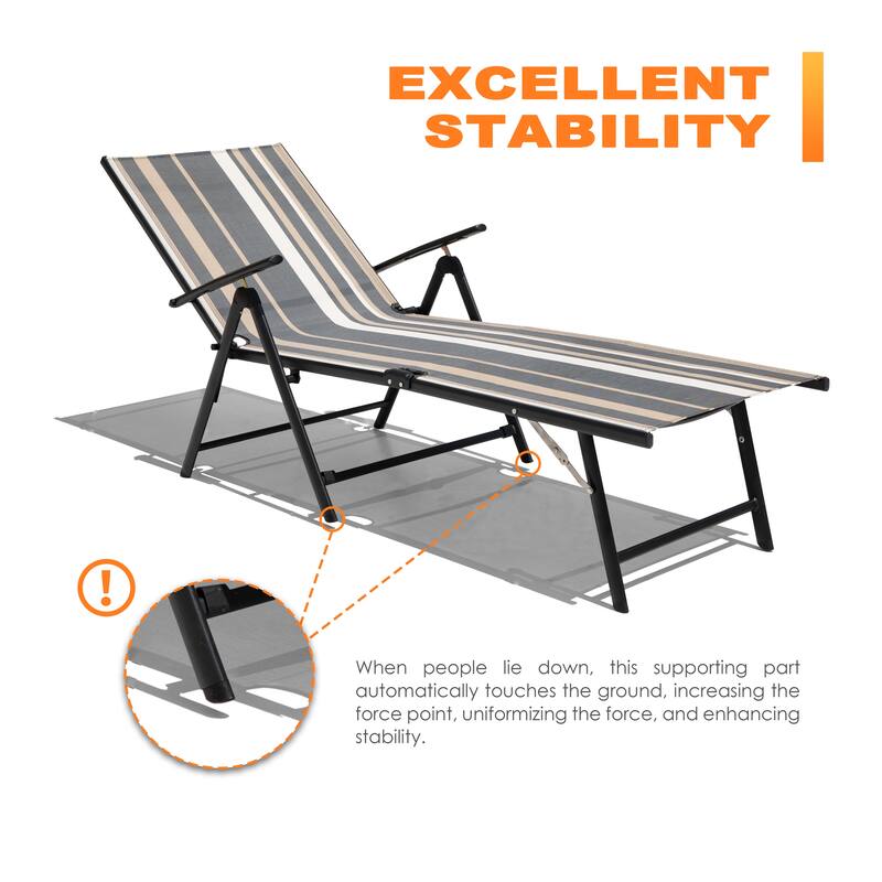 Outdoor Folding Chaise Lounge with 7-Position Adjustable Backrest and Armrests, Taupe Stripes - N/A