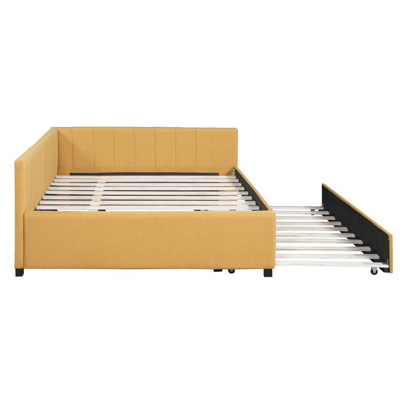 L-Shaped Backrest Daybed Upholstered Daybed Frame Classic Wood Slats Design with 2 Storage Drawers or Trundle, Full Size