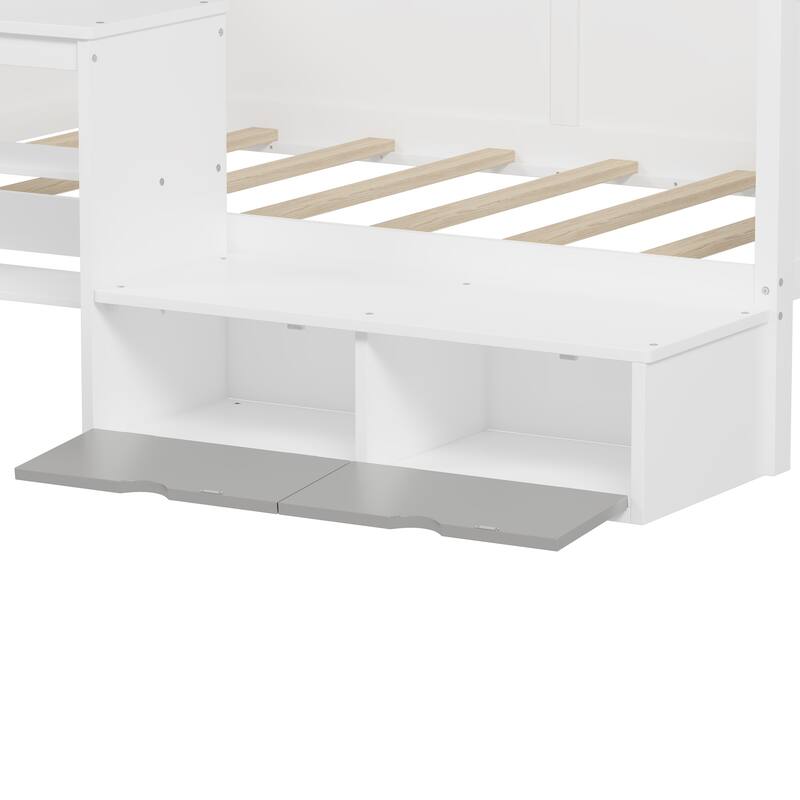 All-in-one Daybed with Built-in Study Desk and Matching Stool, Wood Panel Bed Frame with Storage Shelves and Lockers