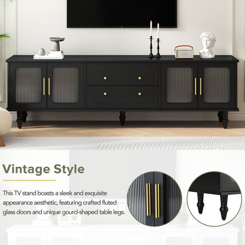 Retro Design TV Stand, for TVs Up to 78'' with Arch Fluted Glass Doors 2 Drawers and Cabinets, for Living Rooms, Black