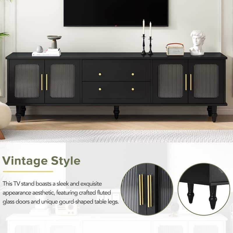 Retro TV Stand with Fluted Glass Doors for TVs Up to 78'', Media Console w/ 2 Drawers & Cabinets, Versatile Entertainment Center