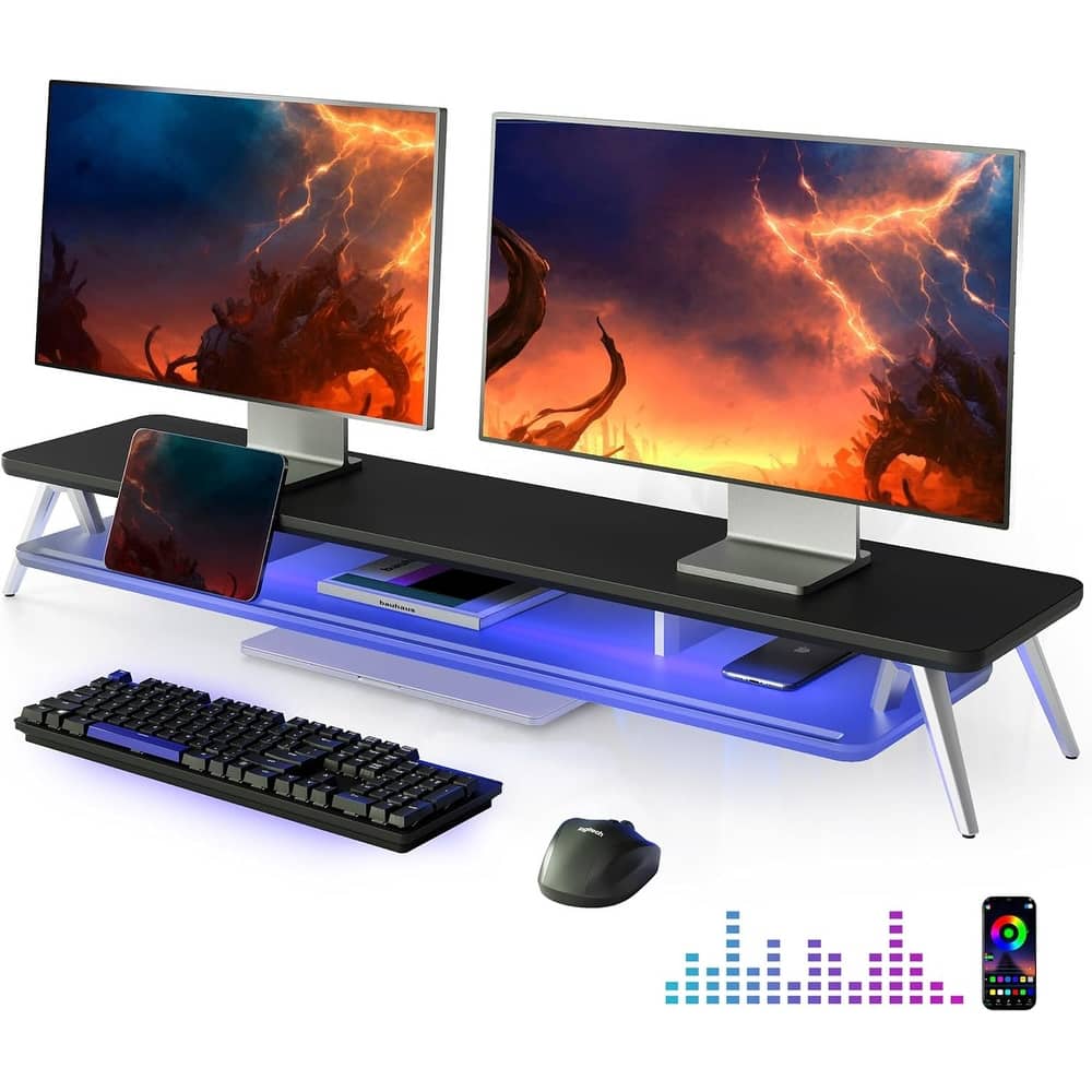 Fenge Dual Monitor Stand for Desk, 2 Tiers Monitor Riser with Acrylic Shelf & App Control LED Lights - 42.5 x 11 x 5.7 inches