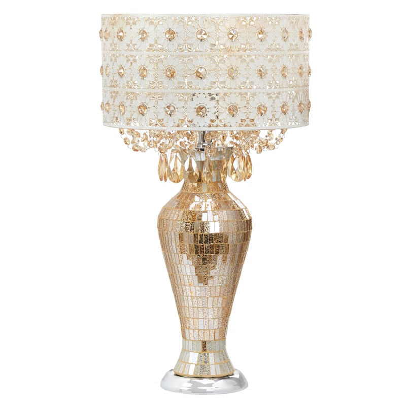 River of Goods Solvang Jeweled Metal/Mosaic Base Cascading Crystal Table Lamp - 14"L x 14"W x 25"H
