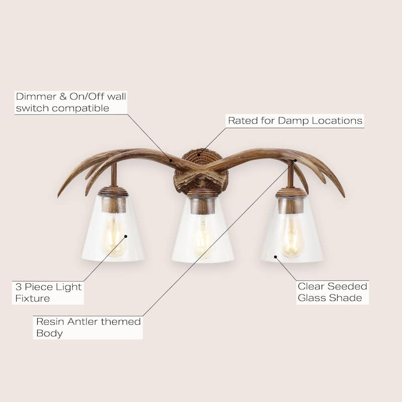 Nelle 25.5" 3-Light Southwestern Bohemian Resin/Seeded Glass Faux Antler LED Vanity Light, Brown Wood Finish by JONATHAN Y