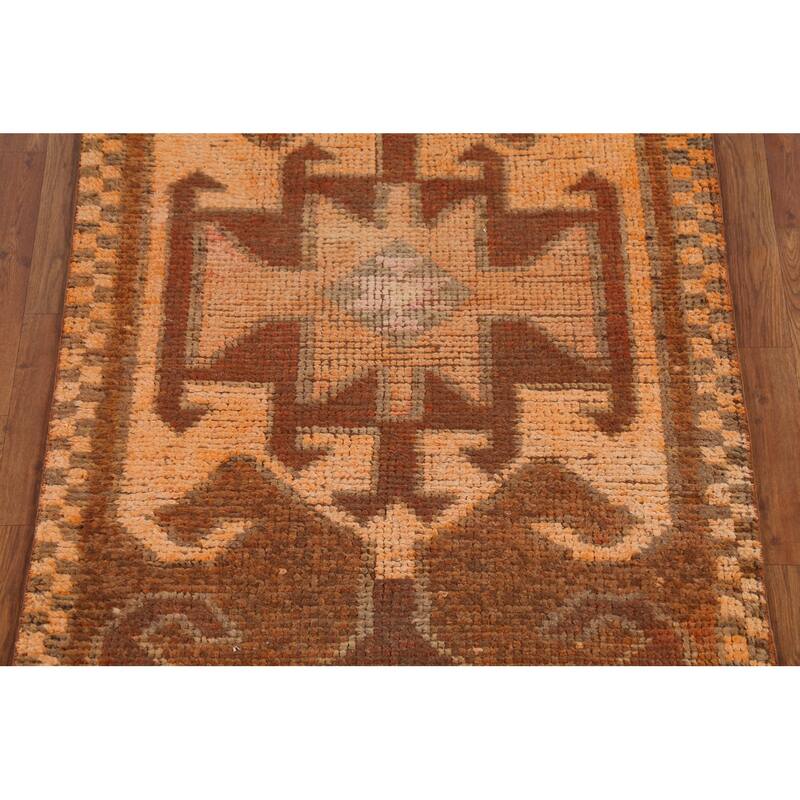 Brown Oushak Turkish Vintage Runner Rug Hand-Knotted Wool Carpet - 3'5"x 10'9"